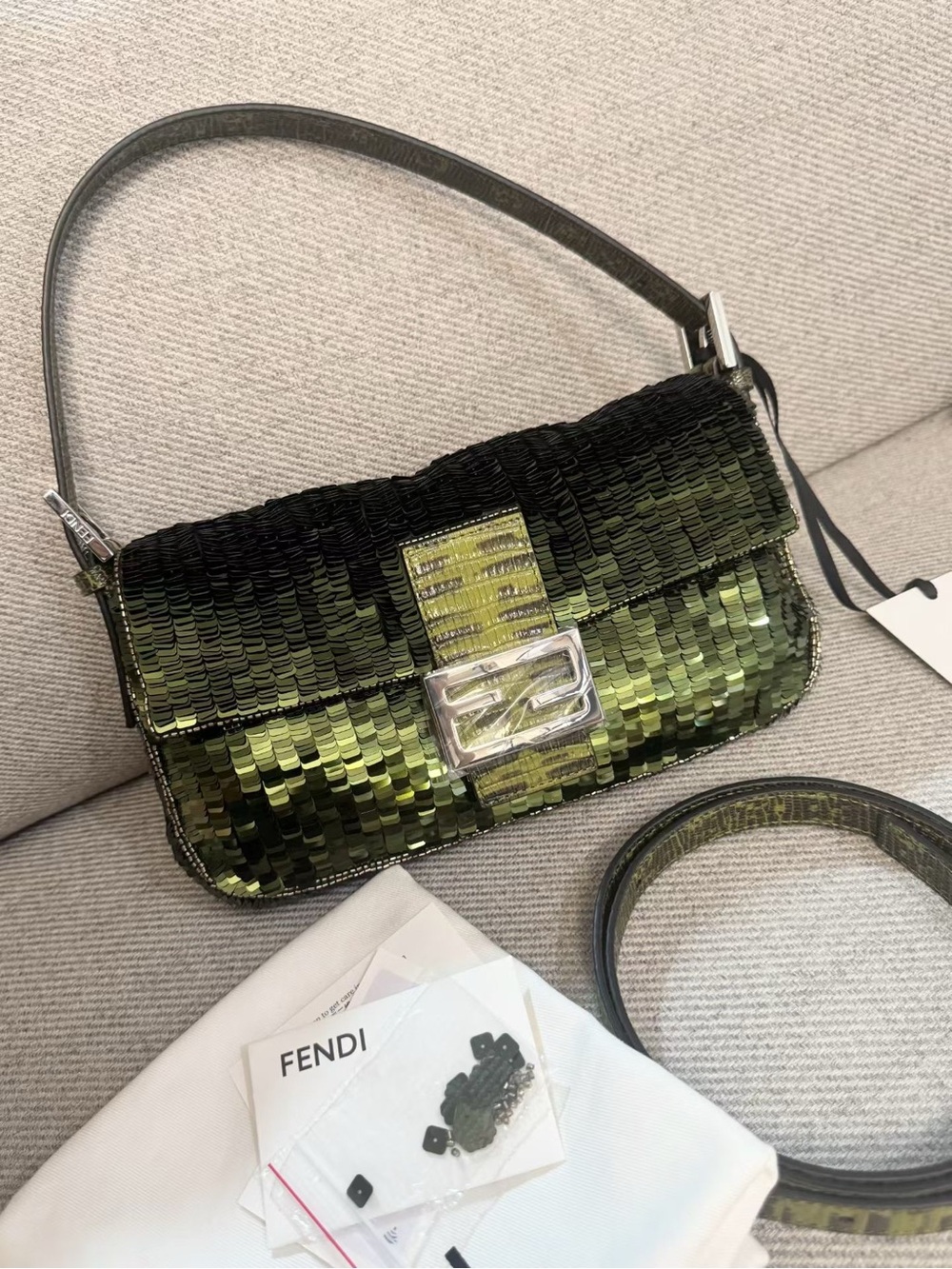 BN Fendi 2026 Green Sequin Baguette Shoulder Bag